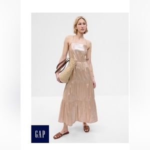 Metallic Tie -Back  Tiered Maxi Dress S Petite
